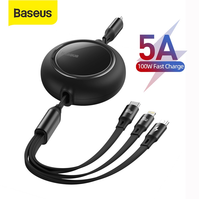 Cáp sạc dây rút 3 đầu Baseus -  100W Bright Mirror One-for-three Retractable Data Cable Type-C to M+L+C (1.2m, 100W) - Hàng Chính Hãng