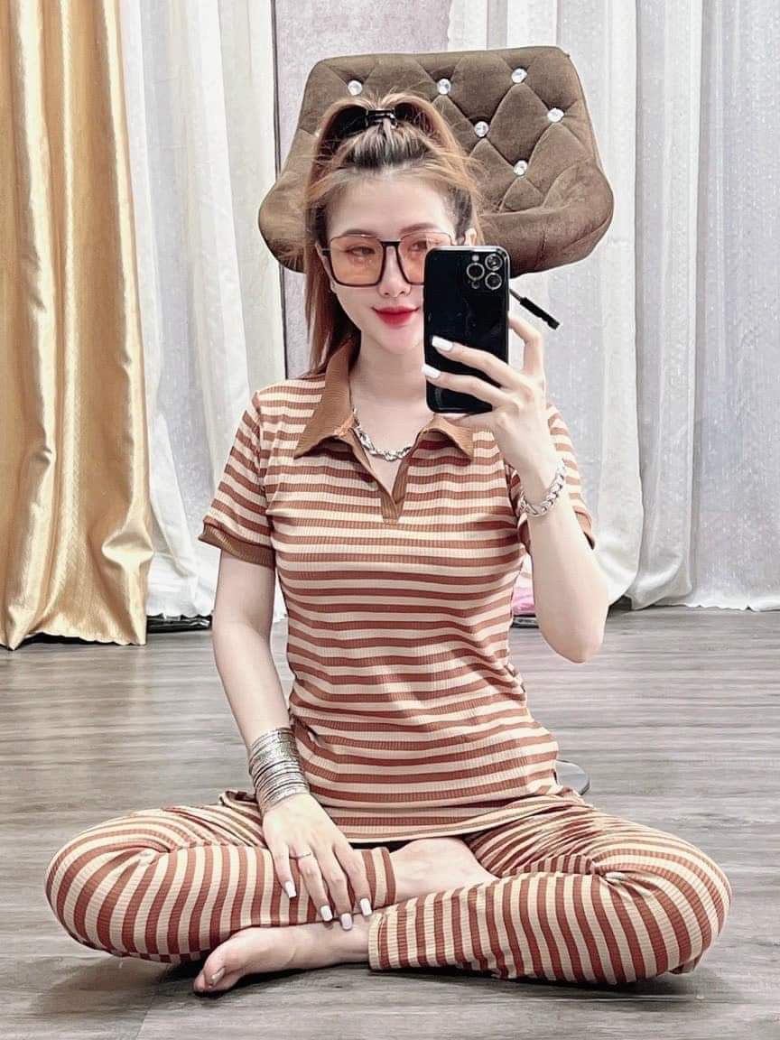 Sét Bộ Thun Sọc Áo Cổ Bẻ Xẻ 2 Bên Phối Quần Dài Có Túi Rẻ Đẹp