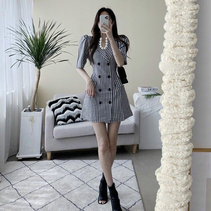 Đầm caro xoè nhẹ cổ vest S.MLXL