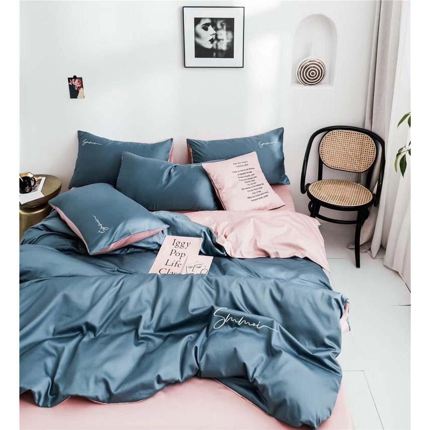 Bộ Chăn Ga Gối Lụa Tencel 60s Đơn Sắc LIDACO Cao Cấp - Xanh Phối Ga Hồng - TẶNG VỎ GỐI ÔM COTTON