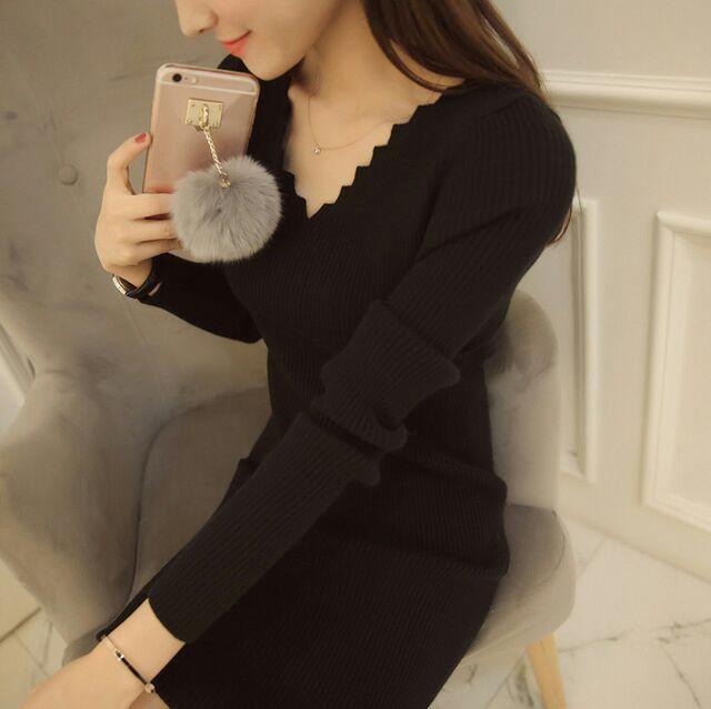 Đầm len cao cấp nữ, đầm nữ cổ chữ V, đầm dạo phố