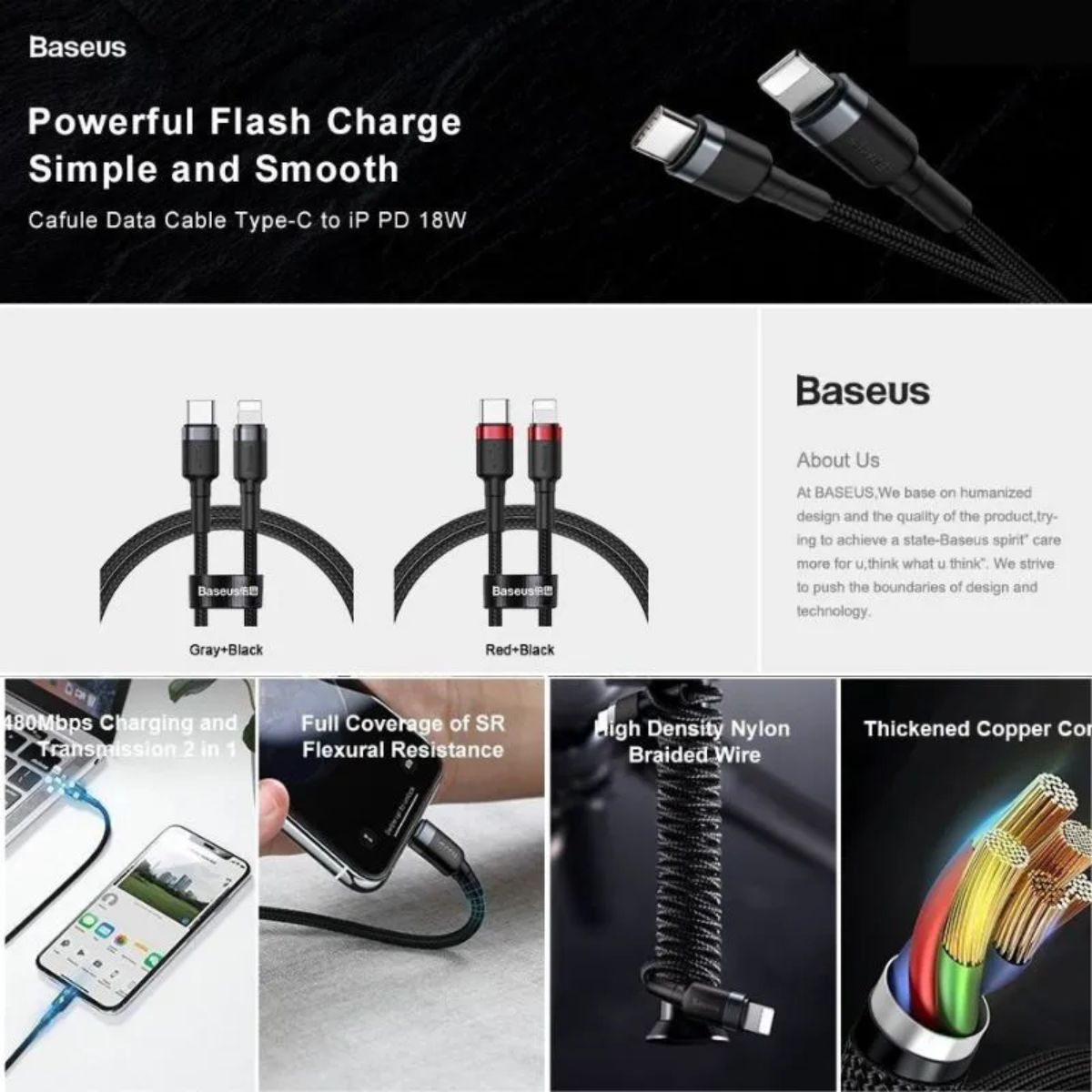 Cáp sạc Baseus Cafule data cable type C to iP 18W CATKLF nhanh truyền dữ liệu type-C to IP - hàng chính hãng