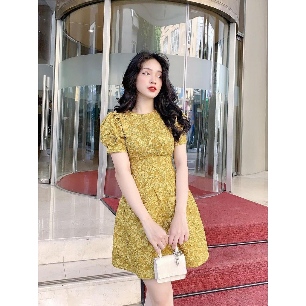 Đầm gấm hoa vàng xoè DN308