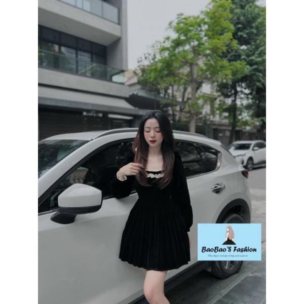 Đầm nhung dáng xoè cổ bèo nữ tính