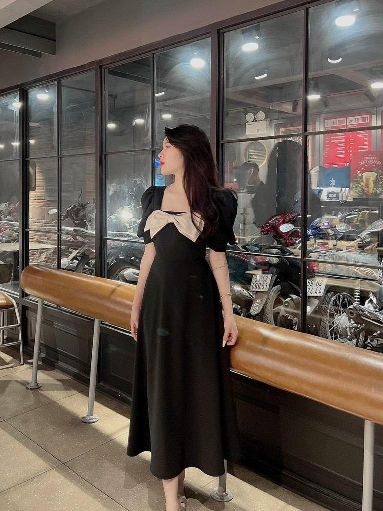 ĐẦM MIDI NƠ NGỰC PHỐI MÀU  14489