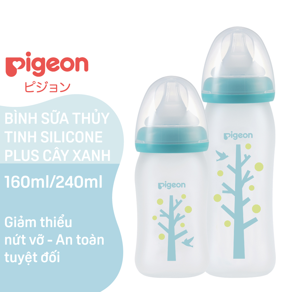 Bình Sữa Thủy Tinh Silicon Pigeon 160ml - Cây xanh - Cho Bé 0 Tháng +