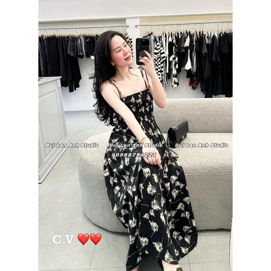 VÁY ĐI CHƠI, VÁY MAXI CHUN HOA 2S DÁNG DÀI XÒE CỰC XINH IU - Black