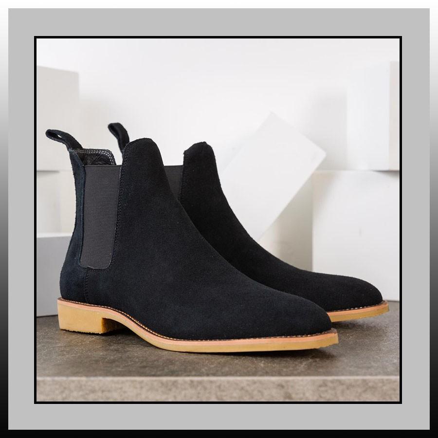 Chelsea Boots Da Lộn Đen Đế Sữa