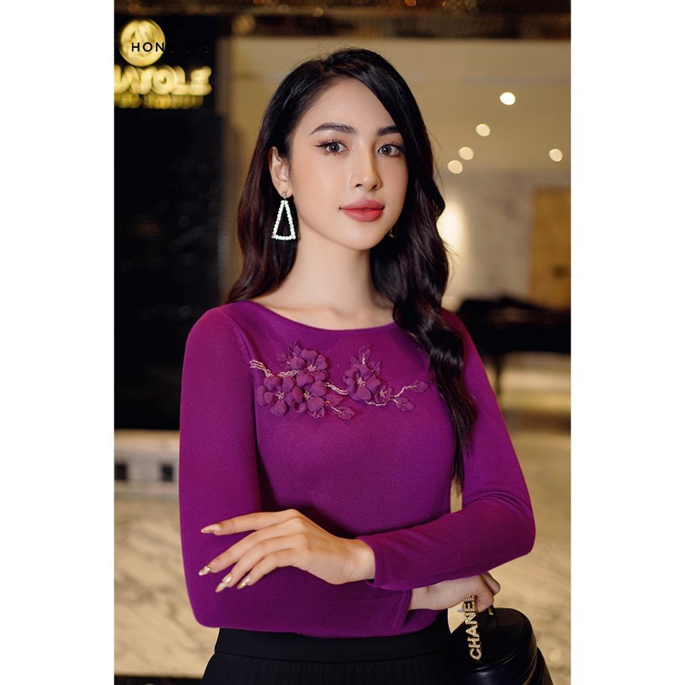 Áo nữ thiết kế Hongvic len hồng đậm vạt tôm AL17