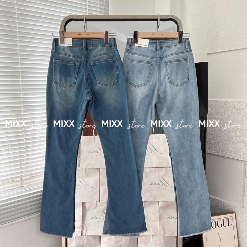 Quần jean nữ ống loe lai tua lưng cao chất co giãn mềm mịn phom dài 93cm tôn dáng
