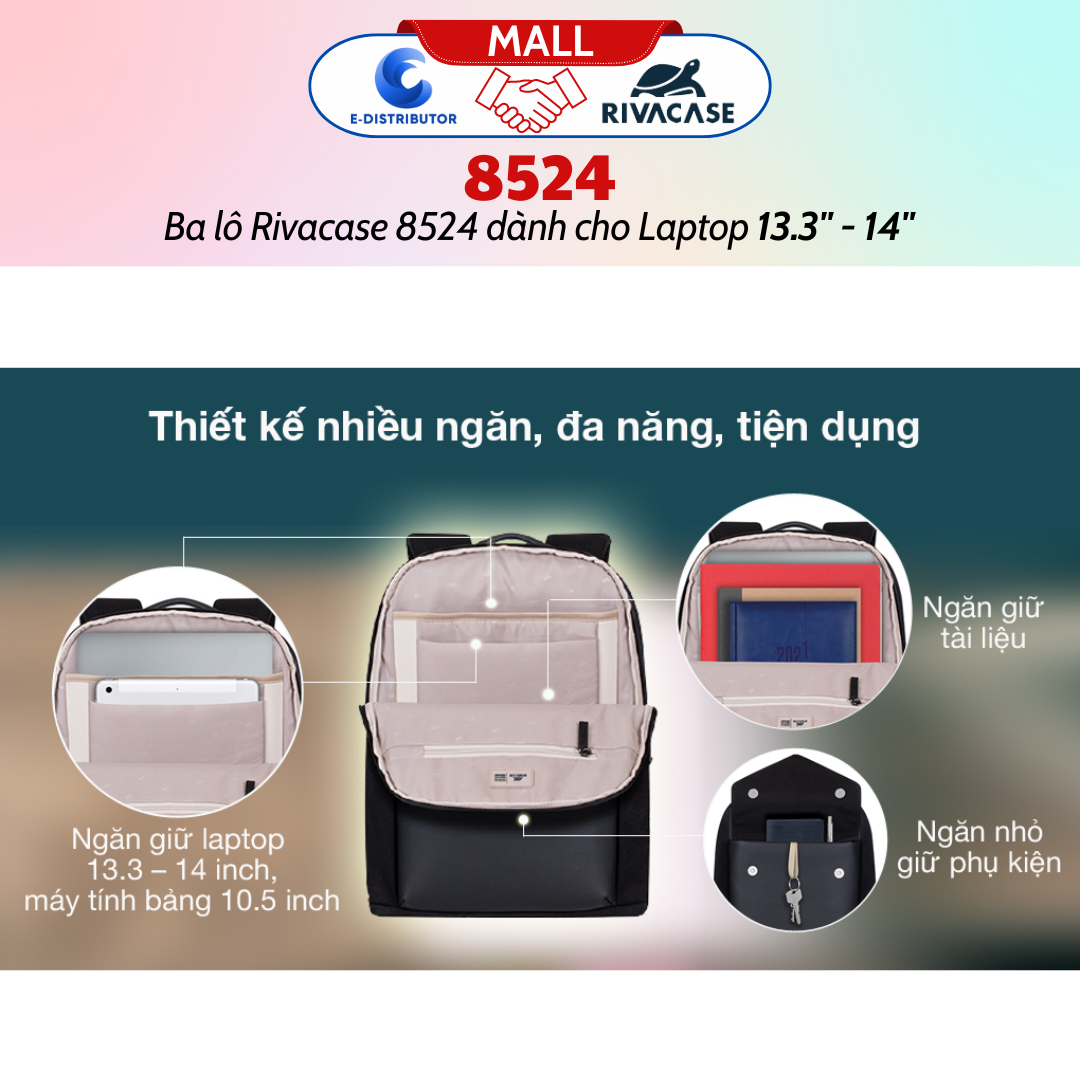 Balô Rivacase 8524 Để Vừa Laptop 13.3&quot; - 14&quot; - Bảo Hành 24 Tháng - Hàng Chính Hãng