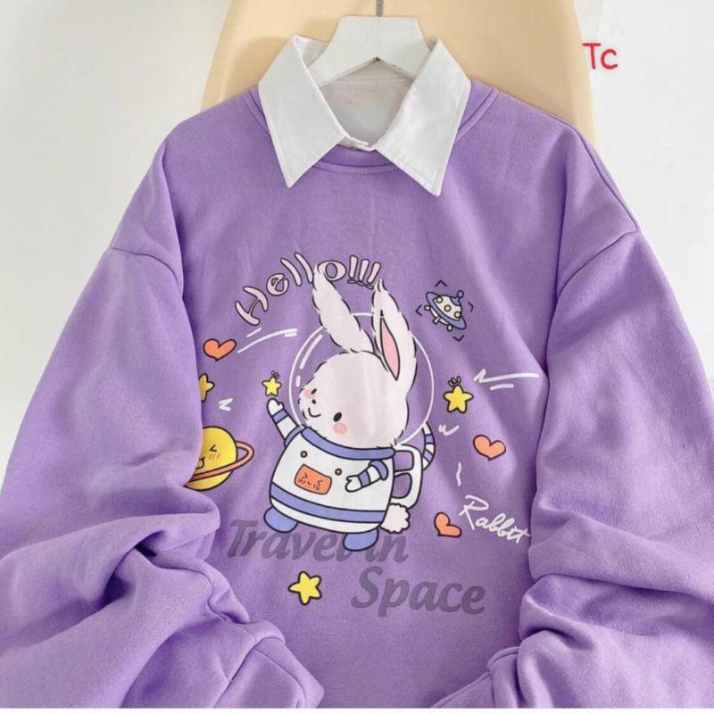 Áo Sweater Nỉ Bông Thỏ Tím Cổ Tròn Quella Strada Ulzzang Unisex Form Rộng