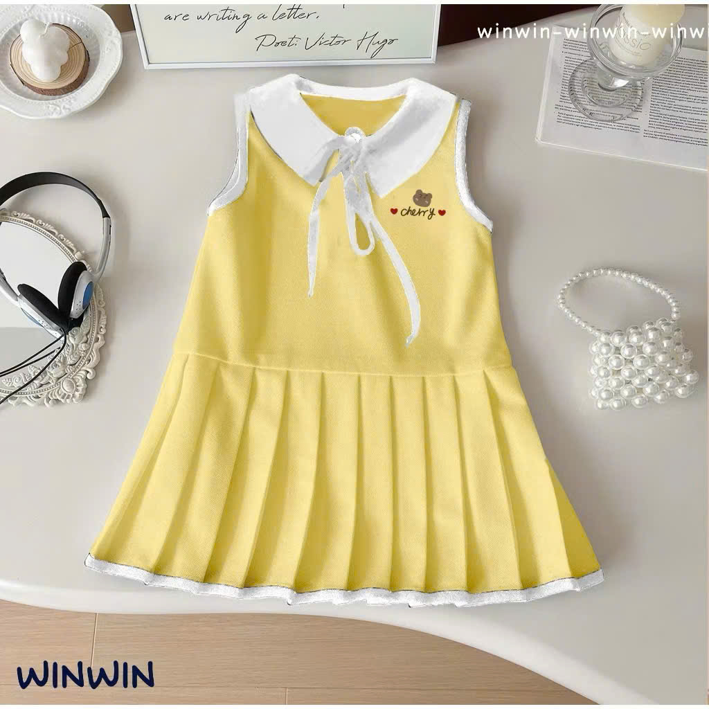 ĐẦM THUN BÉ GÁI SÁT NÁCH CỔ SEN XẾP LY IN GẤU CHERRY DỄ THƯƠNG TỪ 12-36KG CHO BÉ GÁI