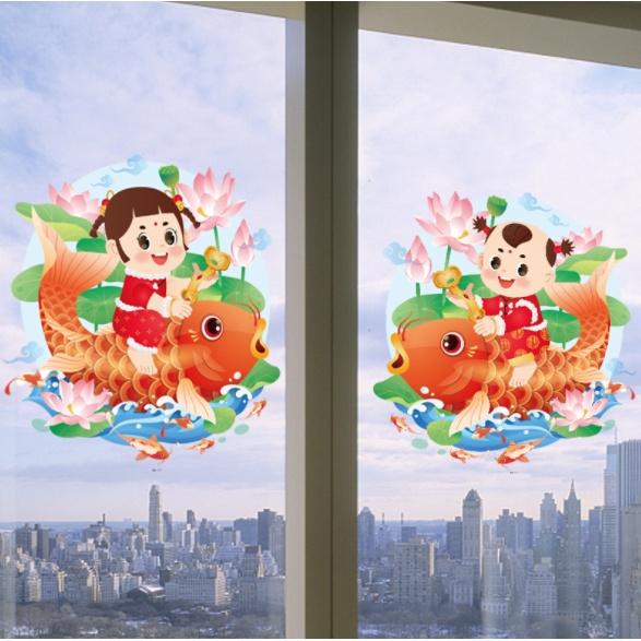Decal hít tĩnh điện trang trí dán tết - BÉ TRAI BÉ GÁI CƯỠI CÁ CHÉP