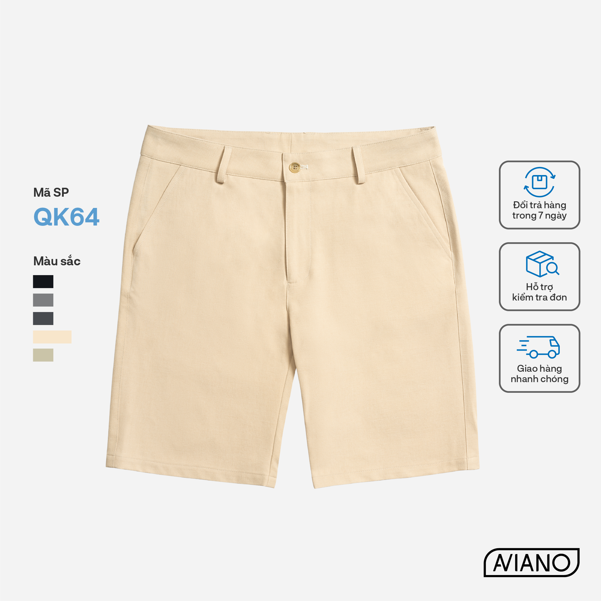 Quần Short Nam AVIANO Vải Kaki, Quần Đùi Nam Cạp Cúc Màu Basic