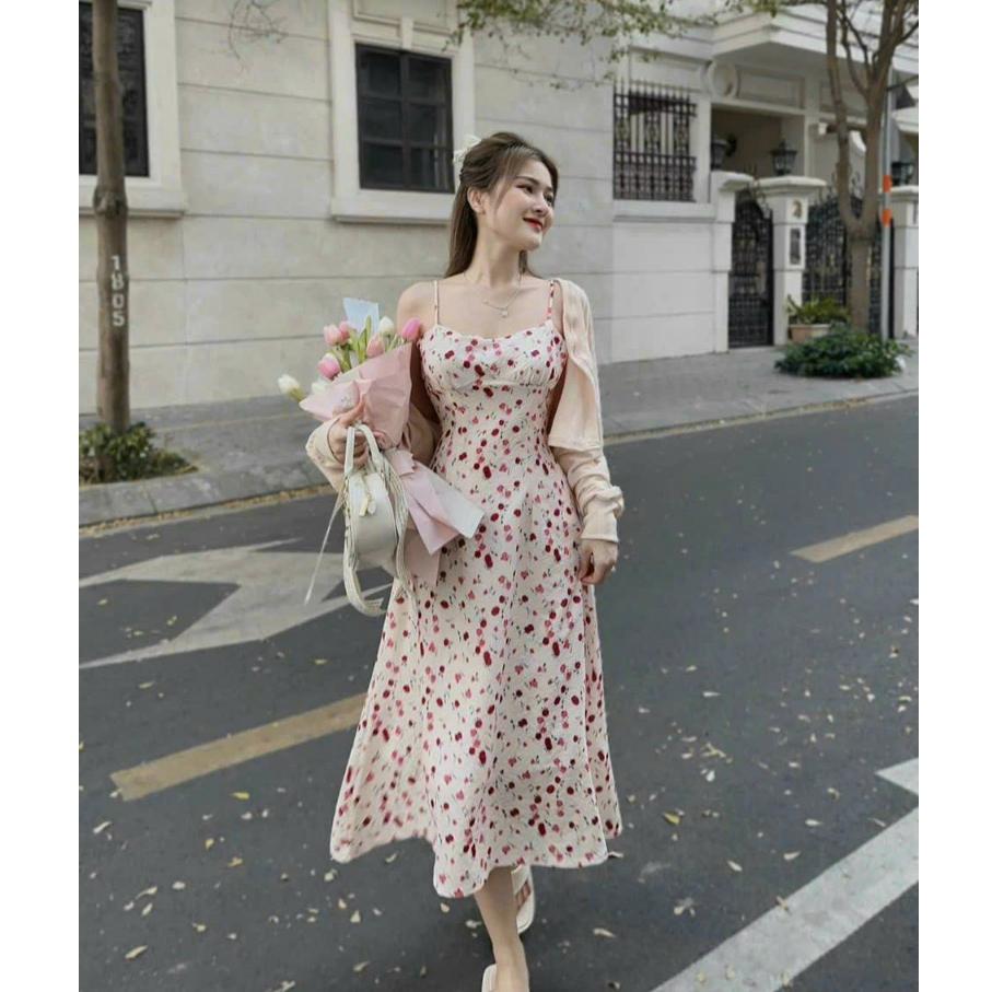 Sét đầm midi xốp hoa 2s kèm áo khoác thun hot trend