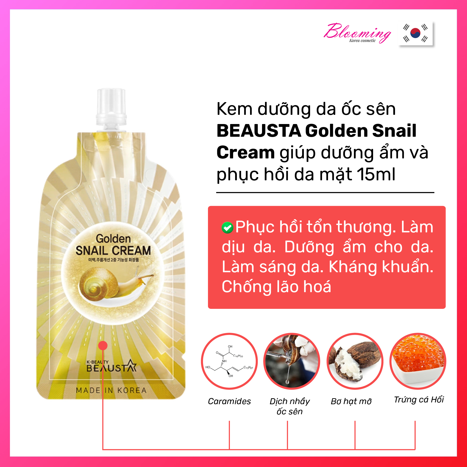 Kem dưỡng ẩm ngừa vết nhăn, chiết xuất dịch nhầy ốc sên Beausta Golden Snail Cream15ml