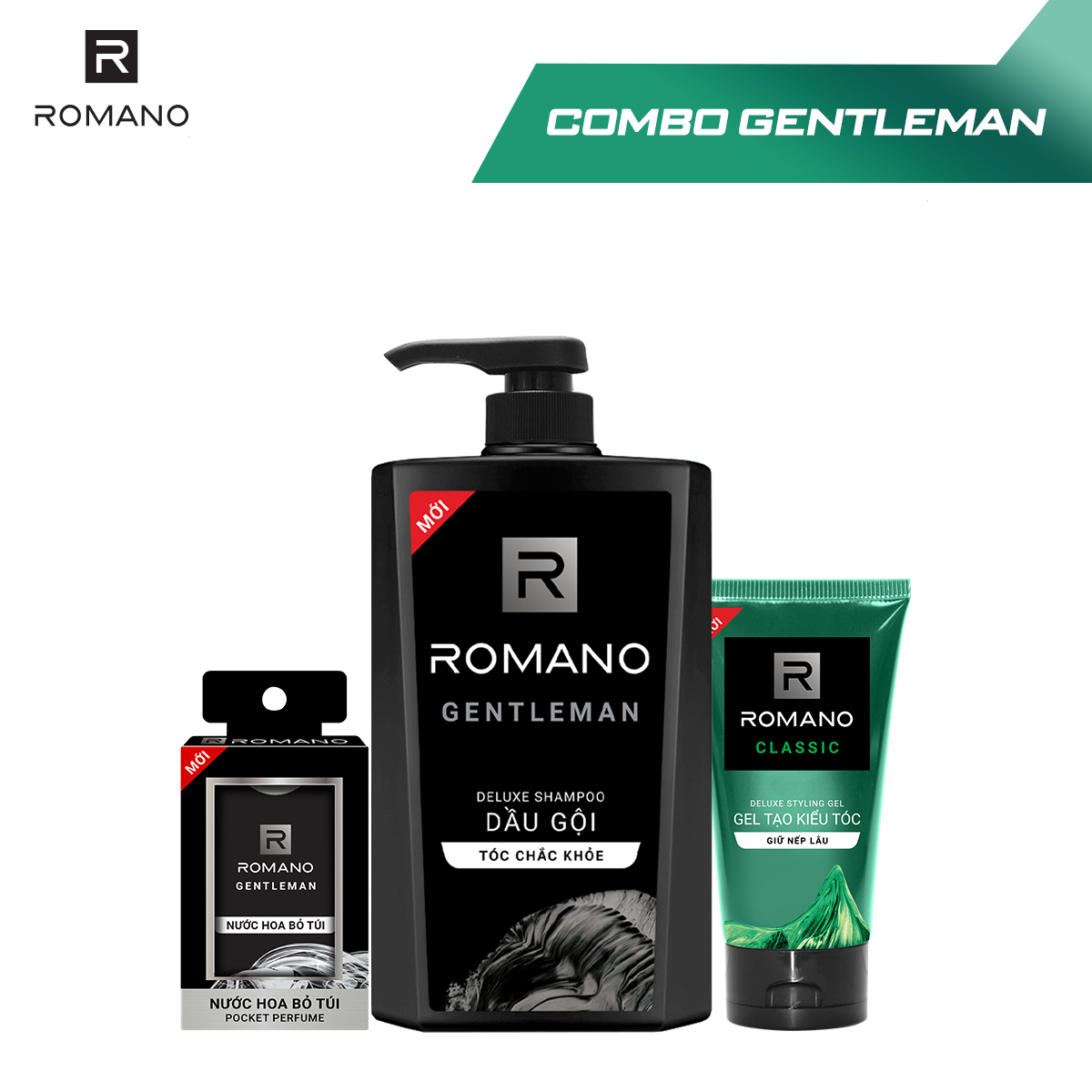 Combo Romano : Dầu gội 650g + Nước hoa bỏ túi 18ml + Gel vuốt tóc giữ nếp tự nhiên 150g