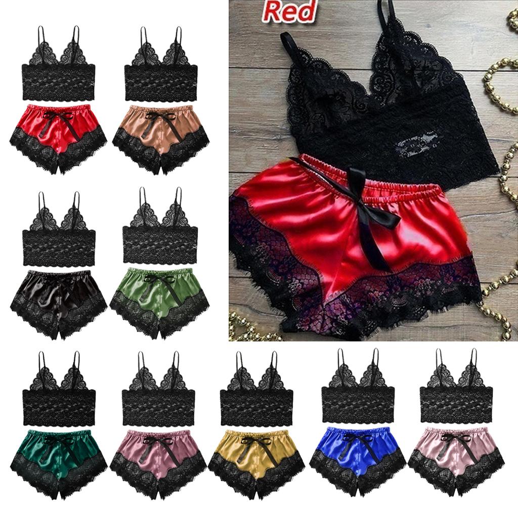 Women Sexy Lace Vest Crop Tops Panty Lingerie Sleepwear Red S