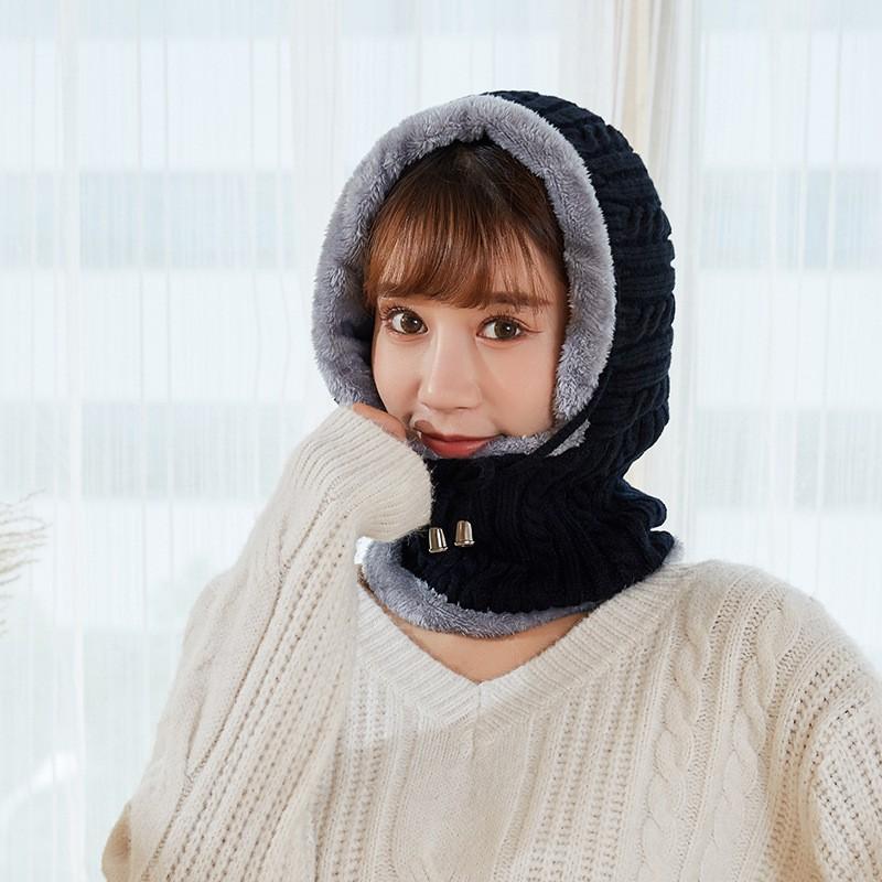 Mũ len nữ trùm đầu liền khăn choàng cổ lót lông ấm áp thích hợp cả nam và nữ