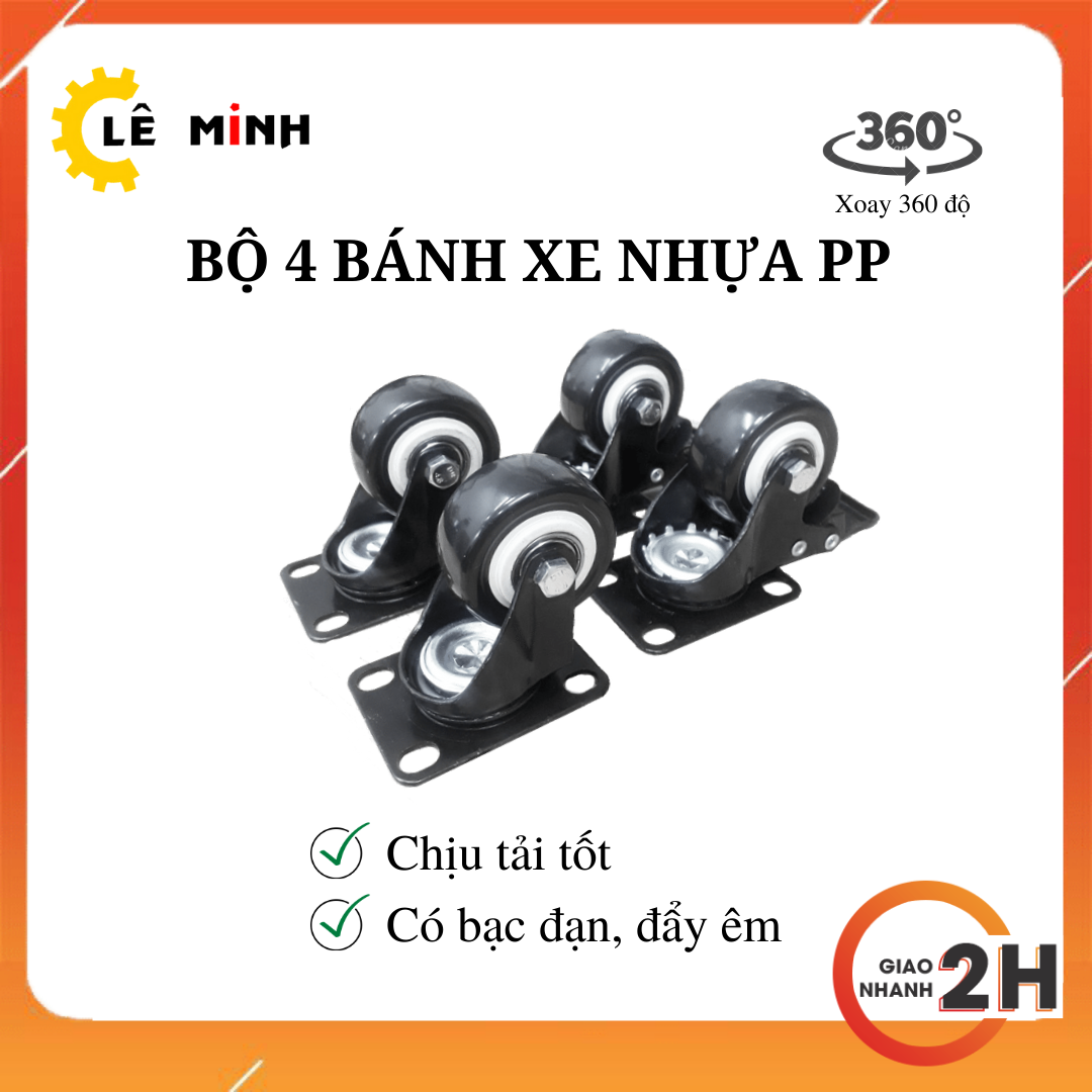 Bộ 4 Bánh Xe Đẩy Hàng Nhựa PP Loại Tốt - 5cm - Có khóa Chống Trượt