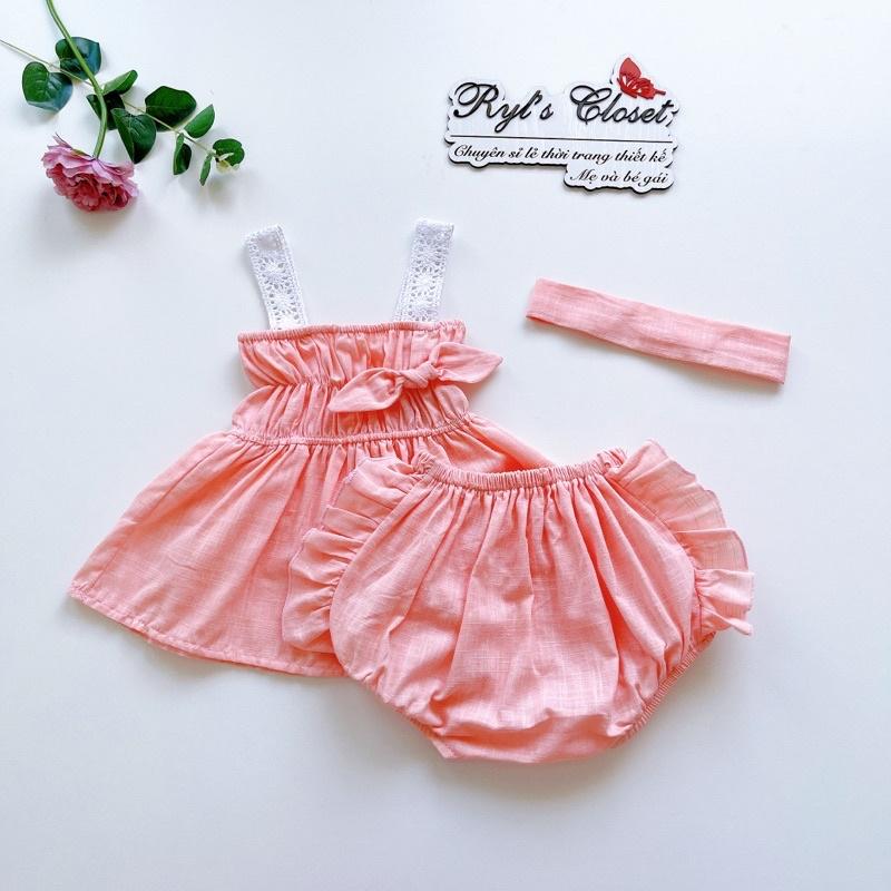 Sét Bộ Màu Hồng Phấn Bé Gái 3 Đến 12kg Chất Linen Bột Mềm Mát