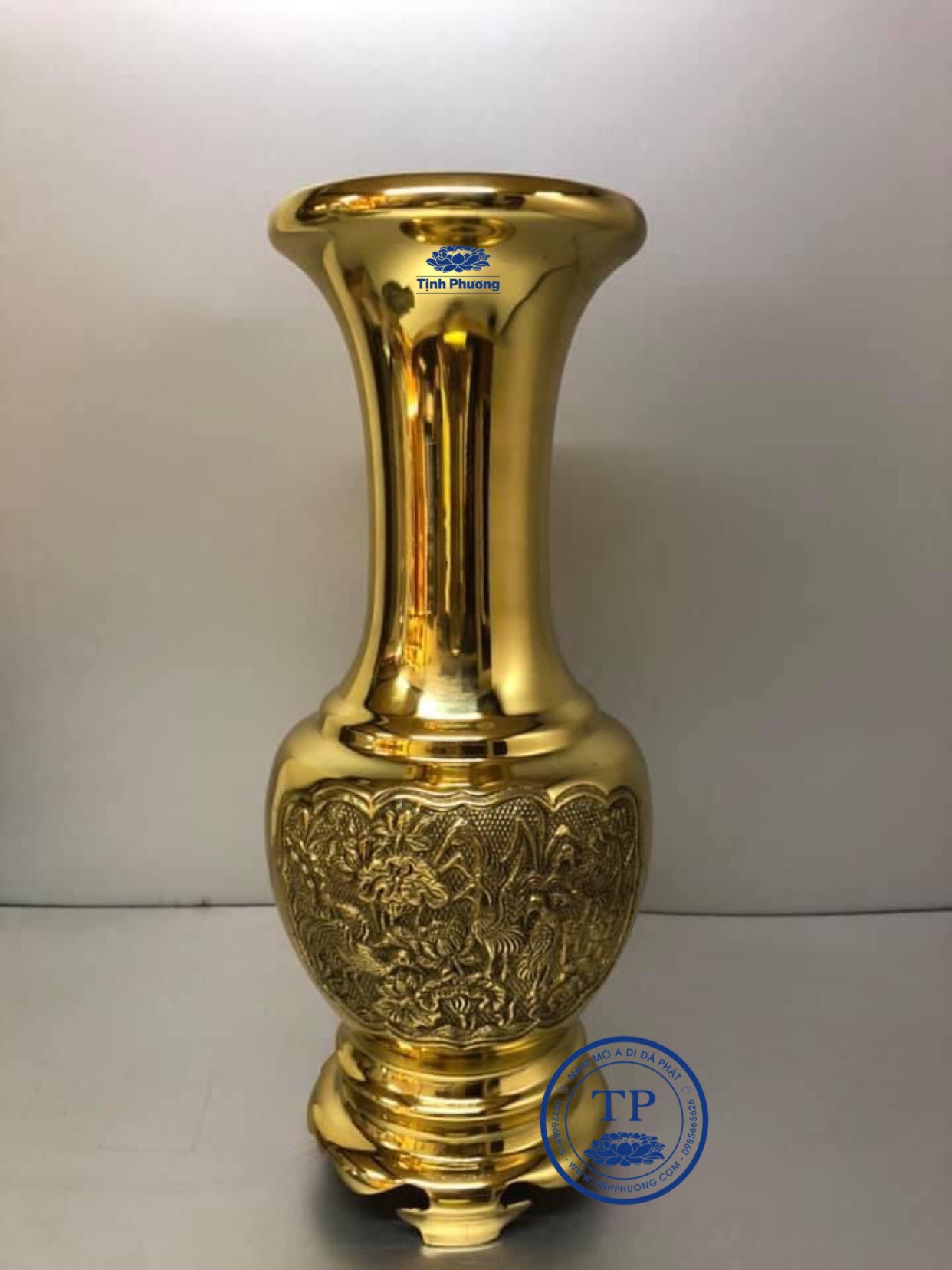 Lọ hoa đồng vàng nguyên chất cỡ to mẫu tùng cúc trúc mai Đk 15cm, cao 36cm KH12131