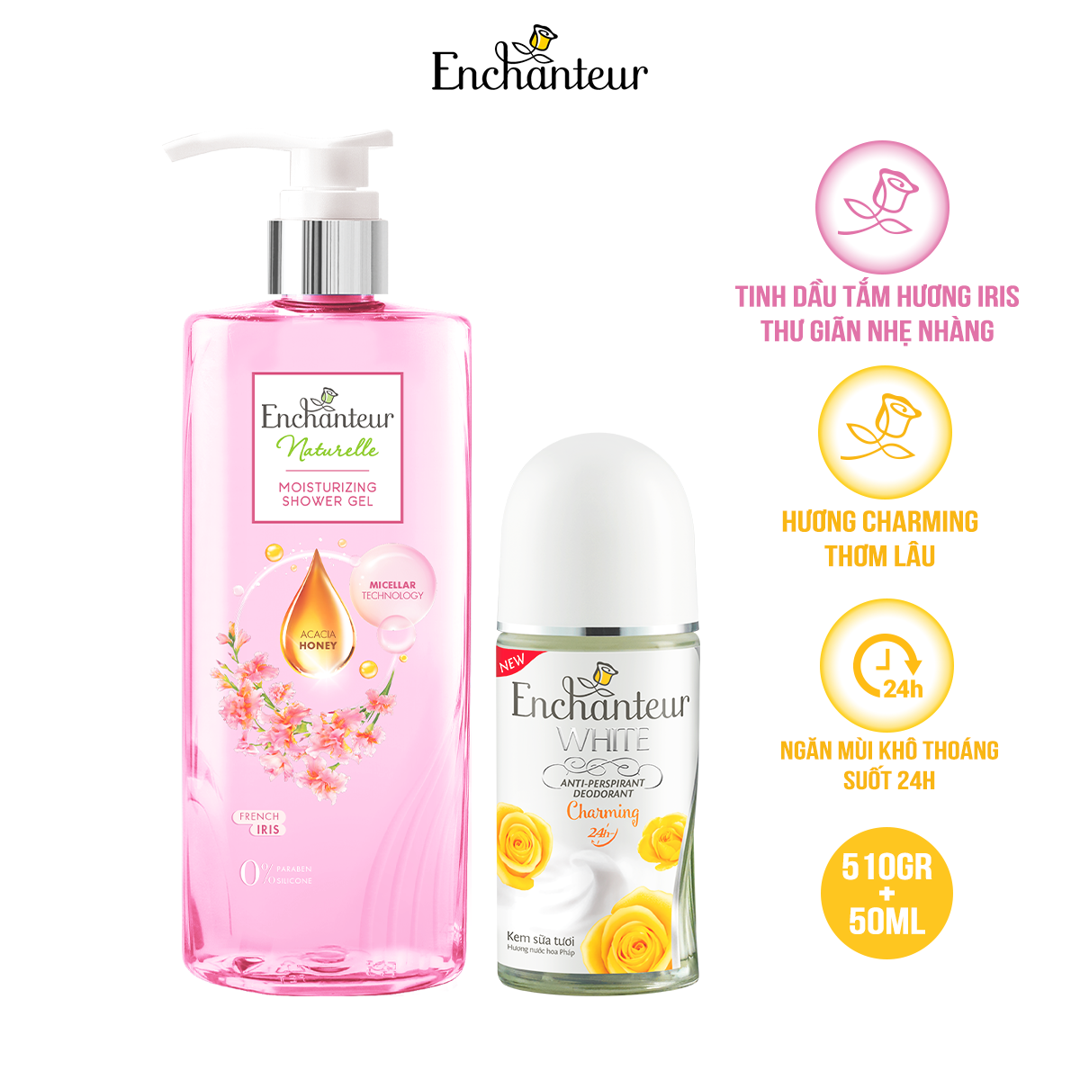 Combo Sữa tắm Enchanteur Naturelle hương hoa Iris 510g + Lăn Khử Mùi Hương Nước Hoa Charming 50ml