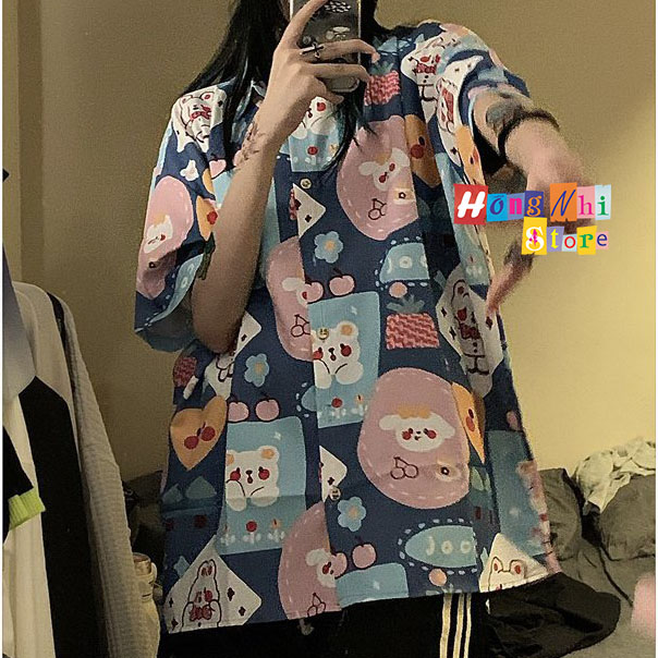 Áo Sơ Mi Hoạ Tiết Trái Tim Hoạt Hình Tay Lỡ Dáng Rộng Ulzzang Unisex, Sơ Mi Đi Biển - MM