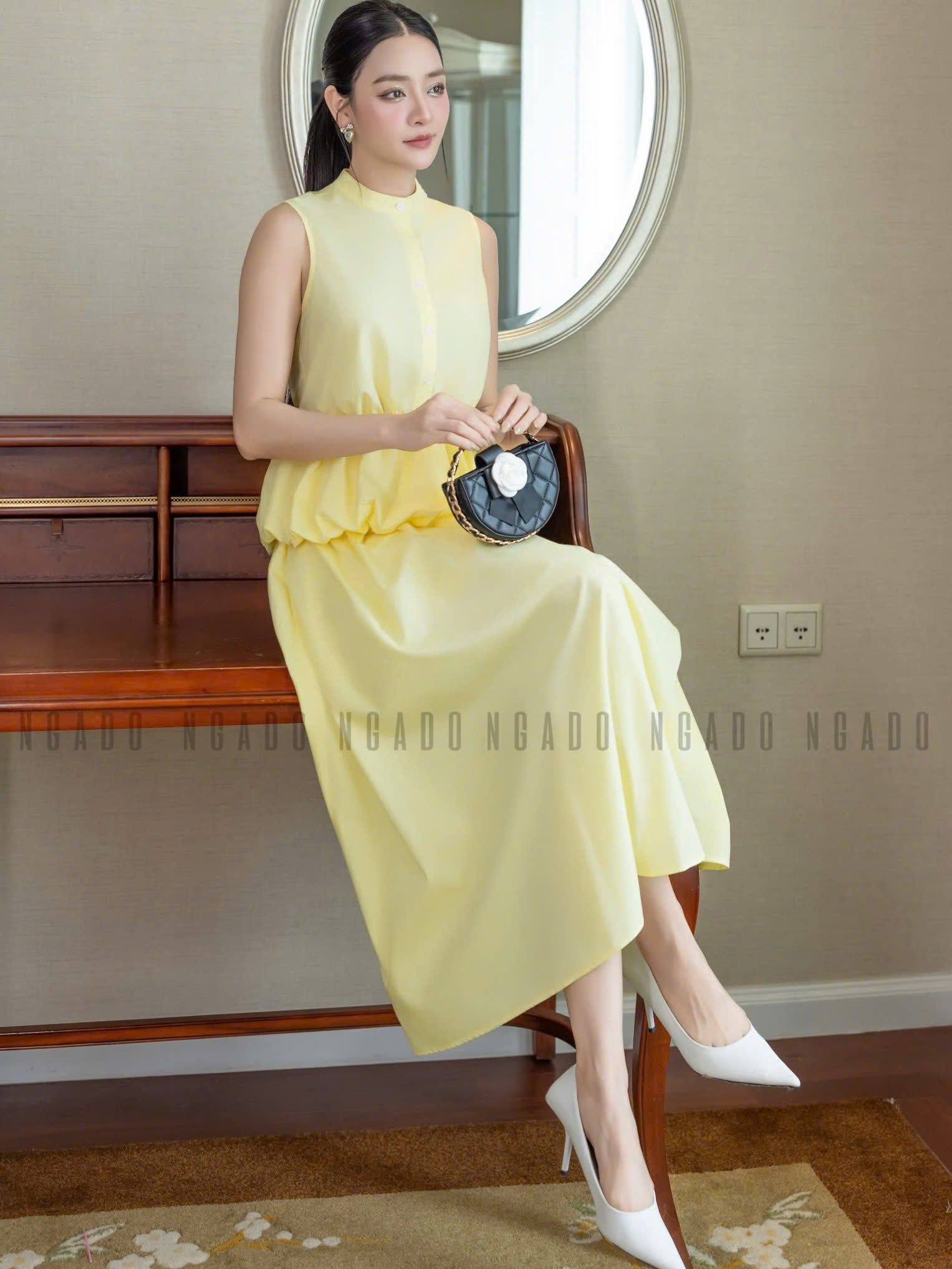Set áo váy vàng cổ trụ NGADO , set áo váy dài , set công sở , dự tiệc