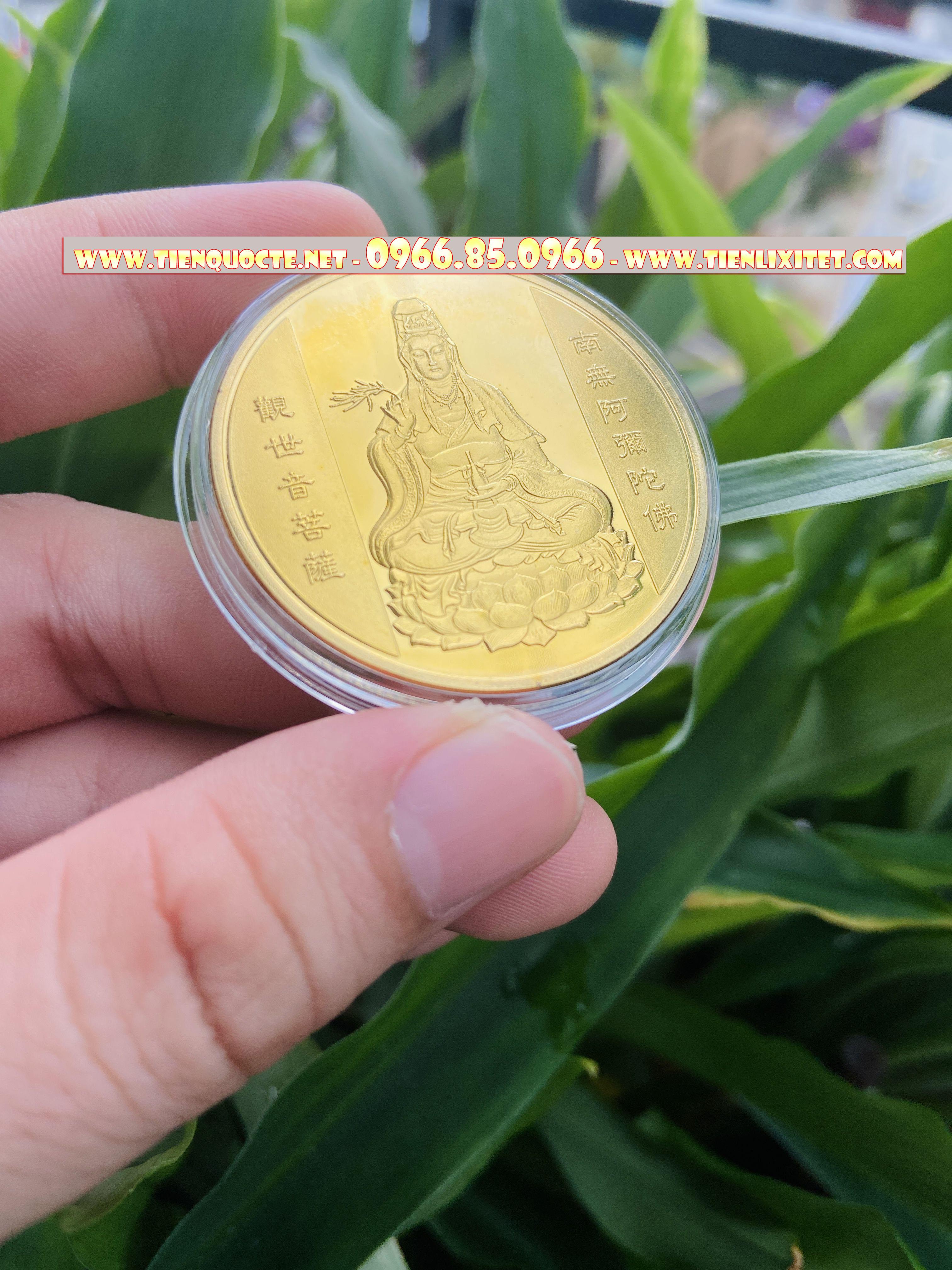 Bao lì xì Ti.ền 2023 Đồng Xu Quan Âm-Cá Chép Mạ Vàng Tặng Kèm Túi Gấm Tài Lộc May Mắn CTMSC000180