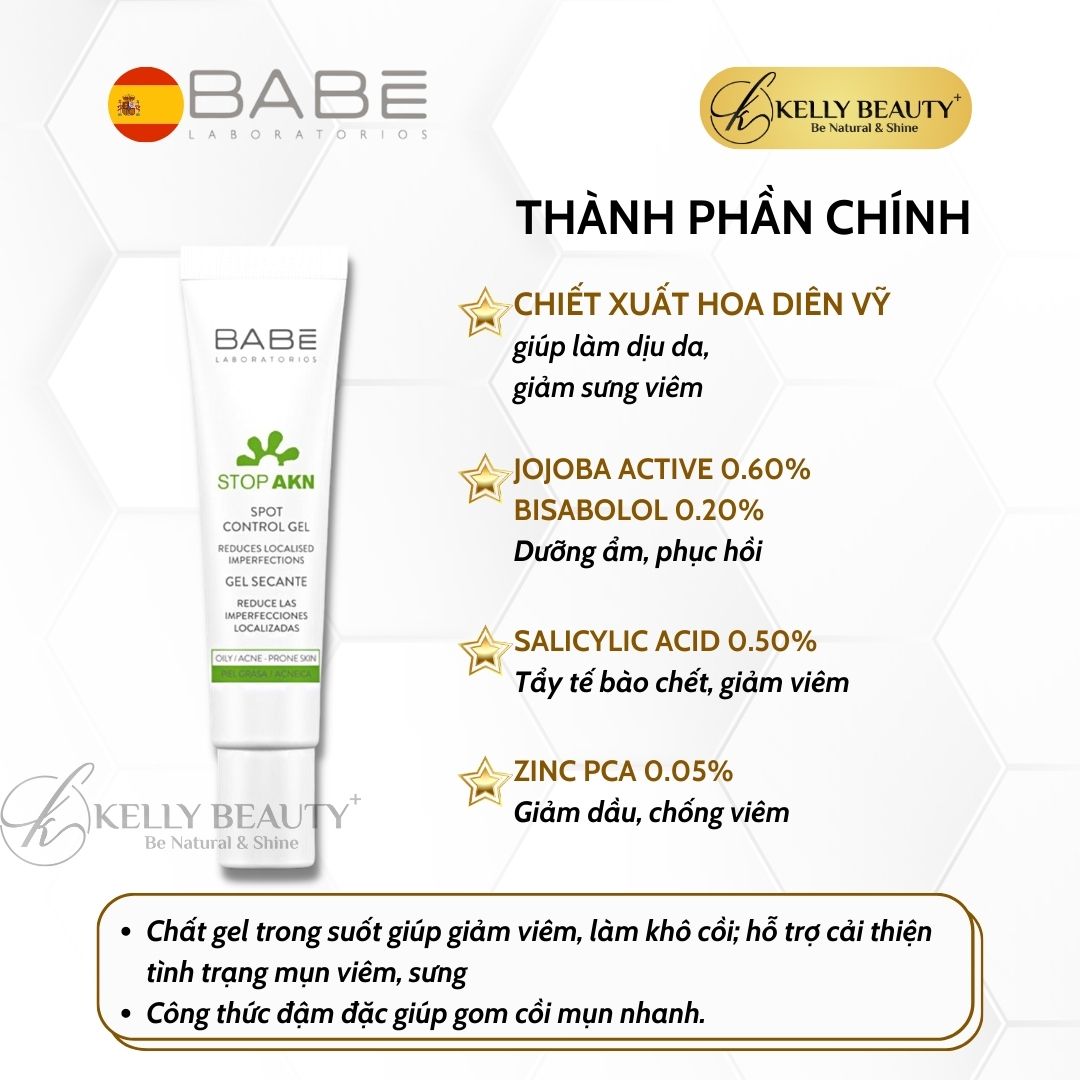 Chấm Mụn BABE Spot Control Gel - Giảm Viêm, Khô Cồi, Đẩy Nhân Mụn; Hỗ Trợ Lành Vết Thương - Kelly Beauty