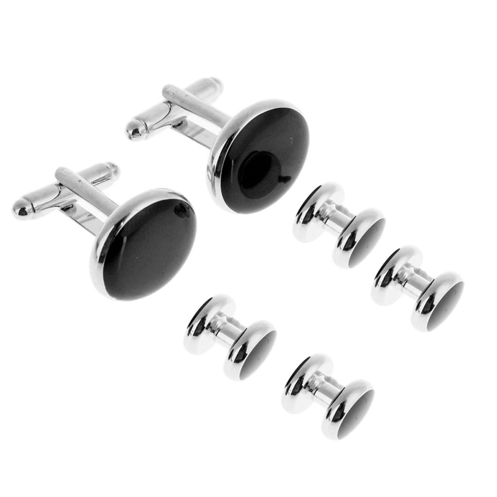 6 Pcs Men Fashion Formal Costume Shirt Black Round Cufflinks And Studs Set