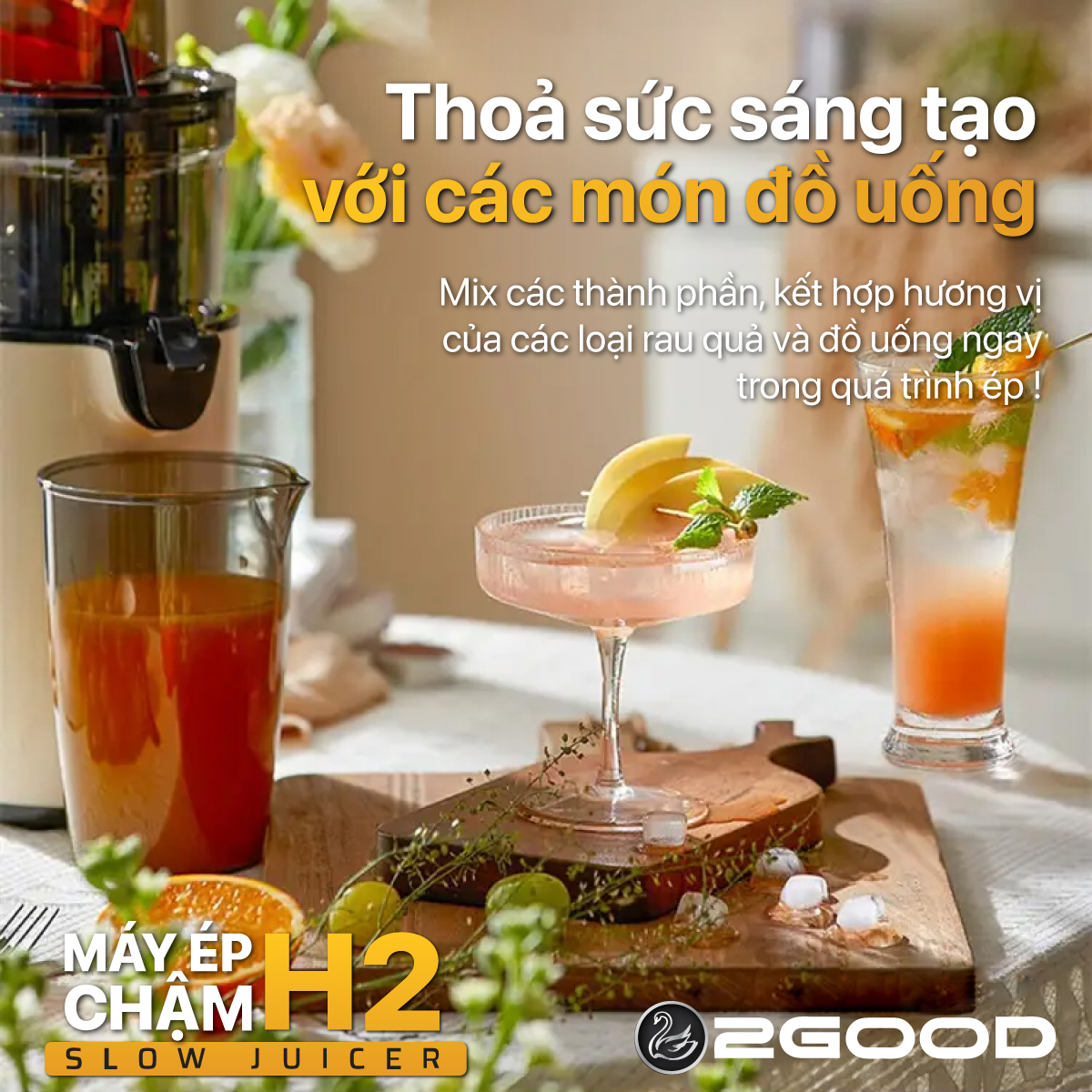 Máy Ép Chậm 2GOOD H2 - Miệng Phễu To, Sử Dụng Dễ Dàng, Ép Kiệt Nước - Hàng Chính Hãng