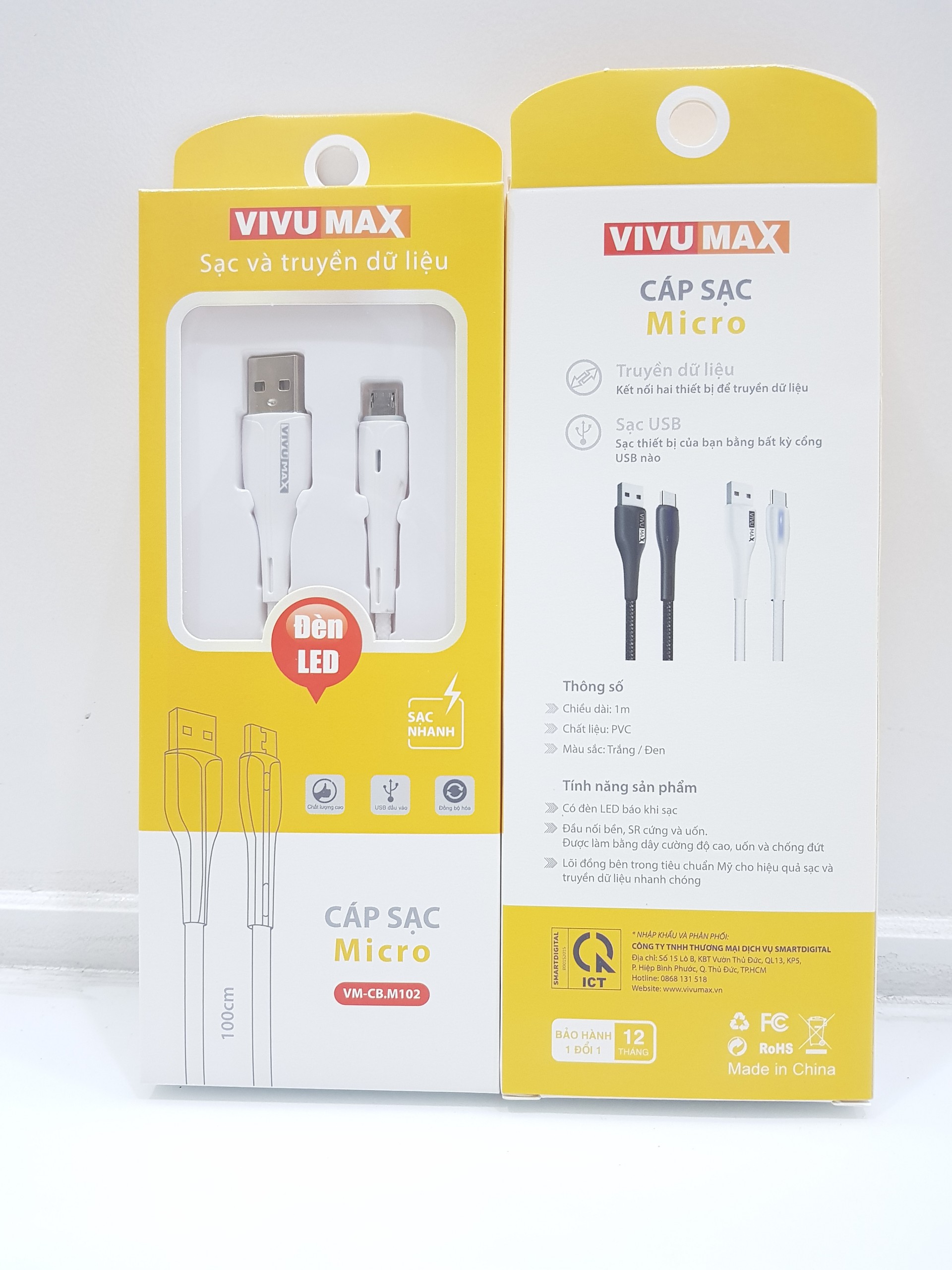 Cáp sạc nhanh và truyền dữ liệu VivuMax M102 đầu sạc đầu sạc Micro USB, tương thích hầu hết các sản phẩm có cổng Micro USB (Android  Samsung/Oppo/Xiaomi/Vsmart/Realme…) - Có đèn LED báo tín hiệu, 1m, Dây PVC cao cấp chống cháy – Hàng Chính Hãng