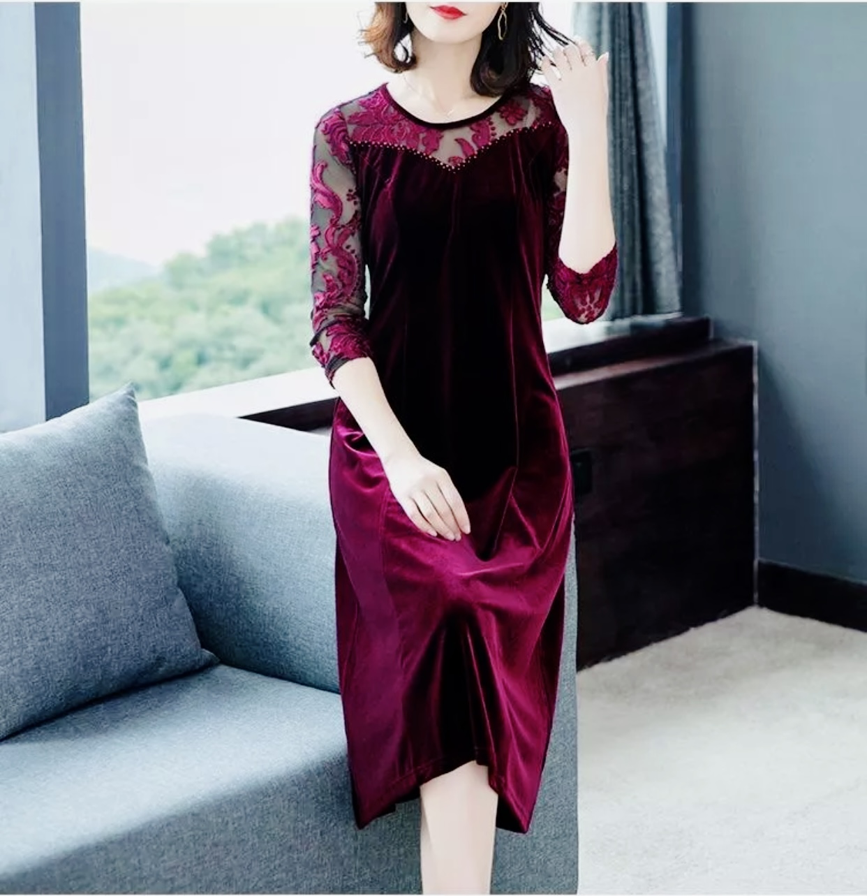 Đầm nhung trung niên tay dày phối ren. Nhung lụa mềm mịn. Đầm cho mẹ dự tiệc. Đầm trung niên u50