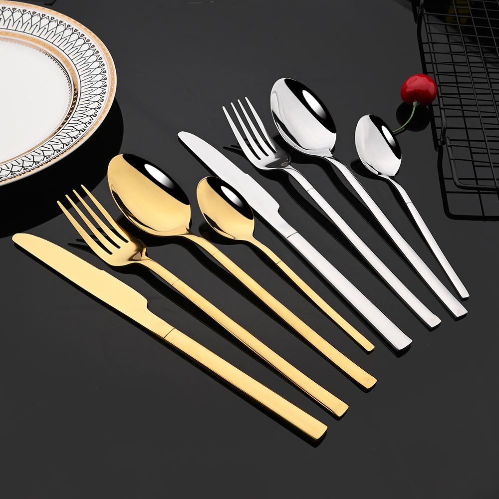 6/30 Chiếc Tây Chén Ăn Vàng Bộ Dao Kéo Inox Phẳng Bằng Bộ Dao Muỗng Nĩa Muỗng Trà Bộ Nhà Bếp Bộ Đồ Ăn Kiềng Bạc bộ