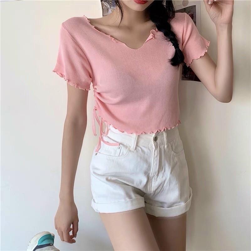 Áo Crop Top Chất Liệu Cotton Cá Tính, Có Dây Rút Eo Cách Điệu