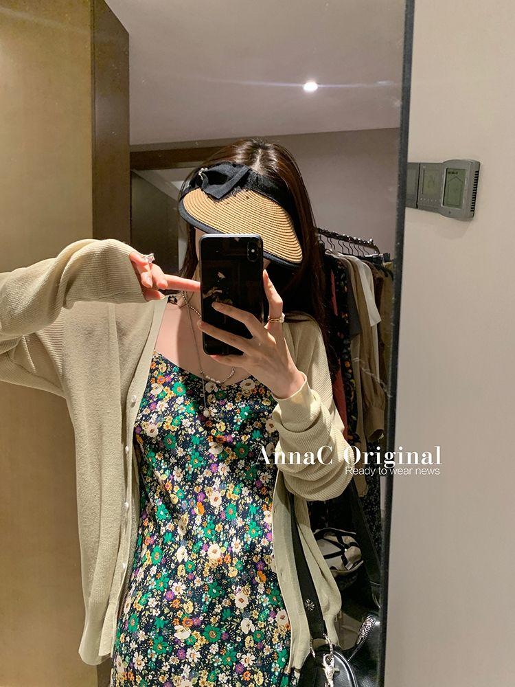 DONGSHOP 2023 Mùa hè Hàn Quốc cổ điển sling váy hoa mảnh đầm thiết kế phụ nữ nhỏ v cổ khí chất một từ váy ngắn