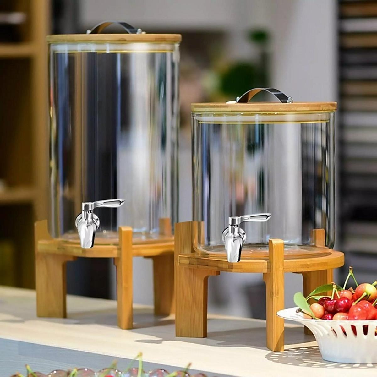 Bình Thủy Tinh Cao Cấp Có Vòi Rót Kèm Kệ Gỗ Sang Trọng