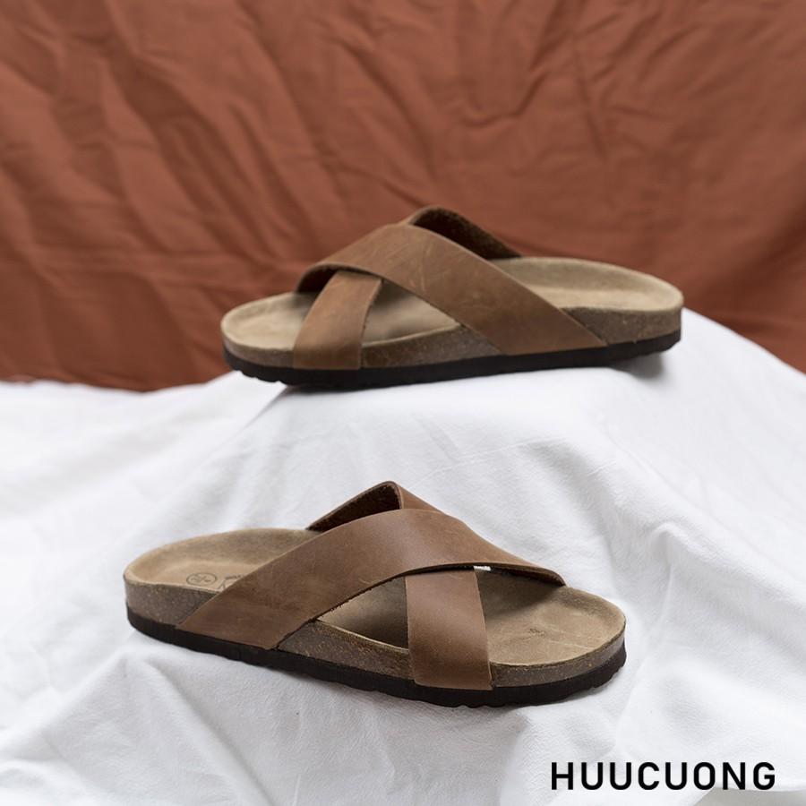 Dép unisex HuuCuong quai chéo da bò nâu đế trấu handmade