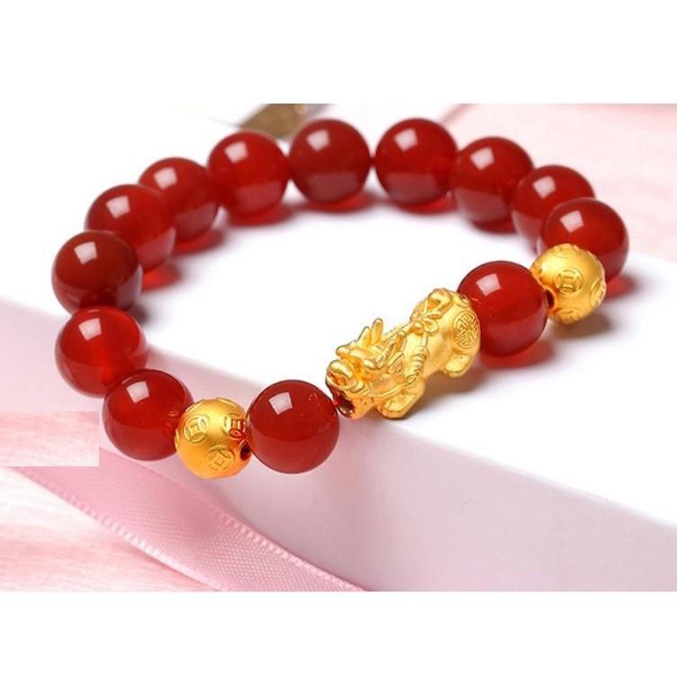 Vòng tay đá Mã Não Đỏ 3A mix tỳ hưu và 2 hạt Vàng