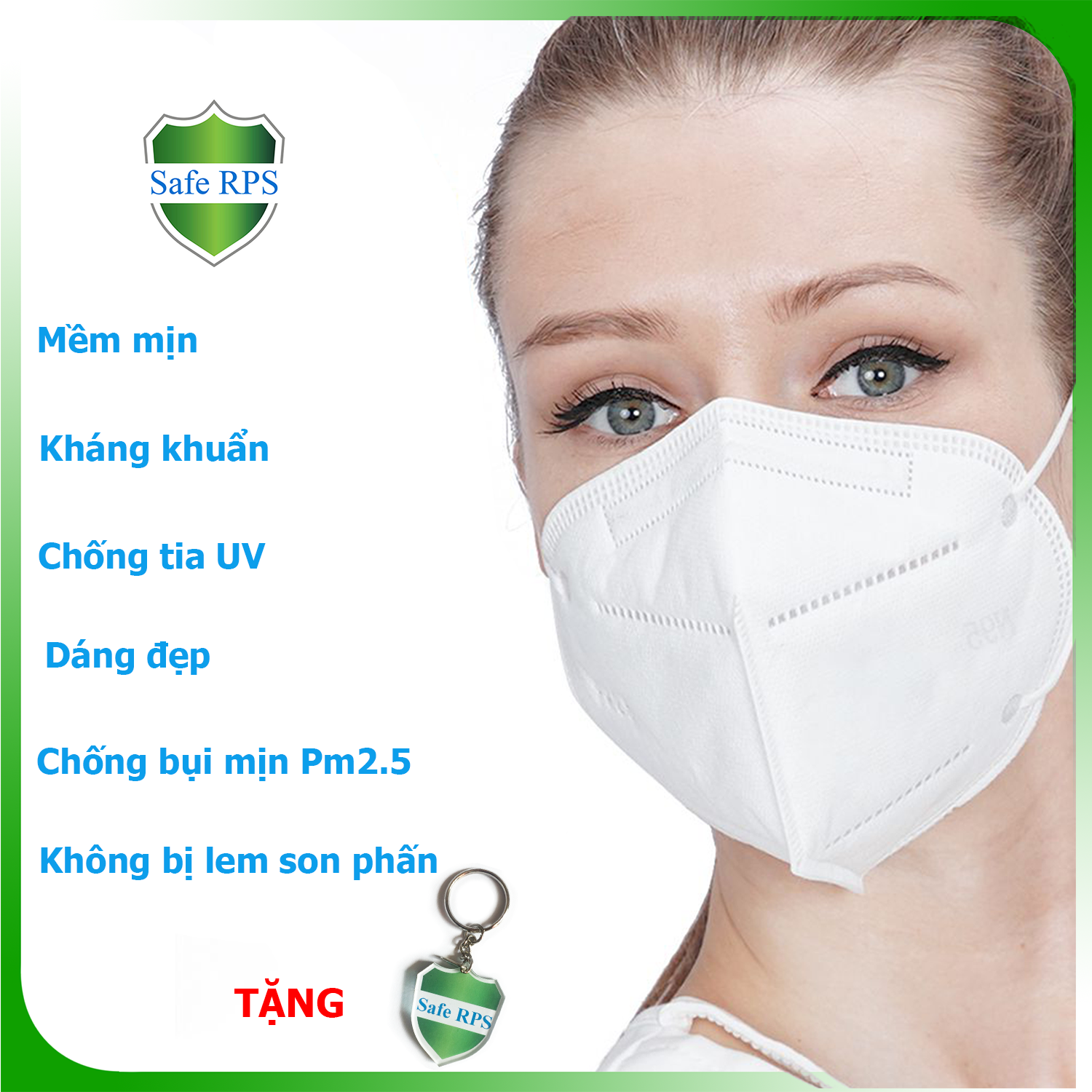 10 cái khẩu trang KN95 chống bụi mịn Pm2.5 , cao cấp kháng khuẩn , màu trắng - tiêu chuẩn ISO13485, ISO9001, CE, FDA - xuất khẩu Châu Âu , Mỹ ; Tặng móc treo khóa Safe RPS