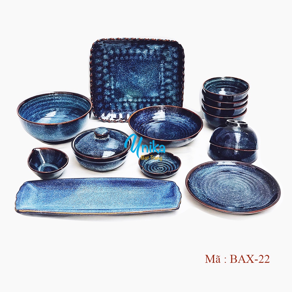Bộ đồ ăn men xanh hoả biến BAX-22 - Set đồ ăn cao cấp Bát Tràng - Bát Đĩa Bát Tràng - Chén Đĩa Xanh - Bát đĩa cao cấp