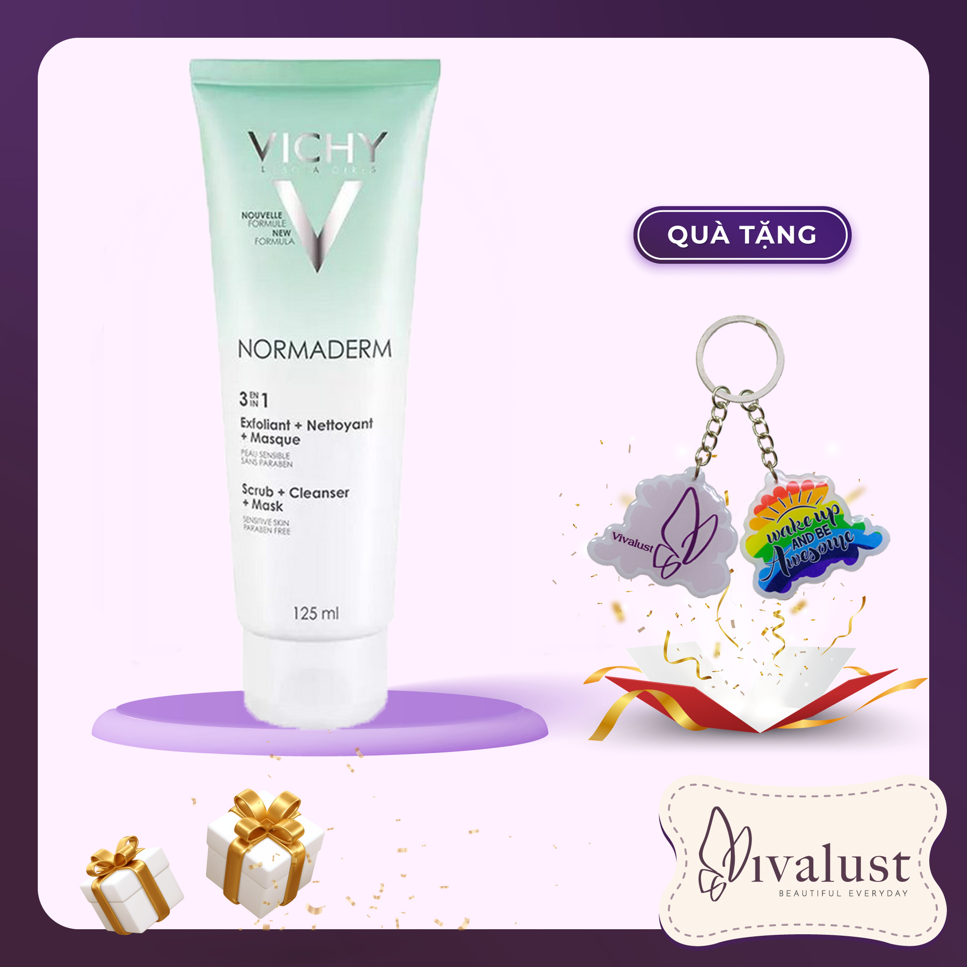 Kem Tẩy Tế Bào Chết 3 Tác Dụng VICHY Normaderm 3in 1 Scrub + Cleanser + Mask 125ml + Tặng Móc Khóa