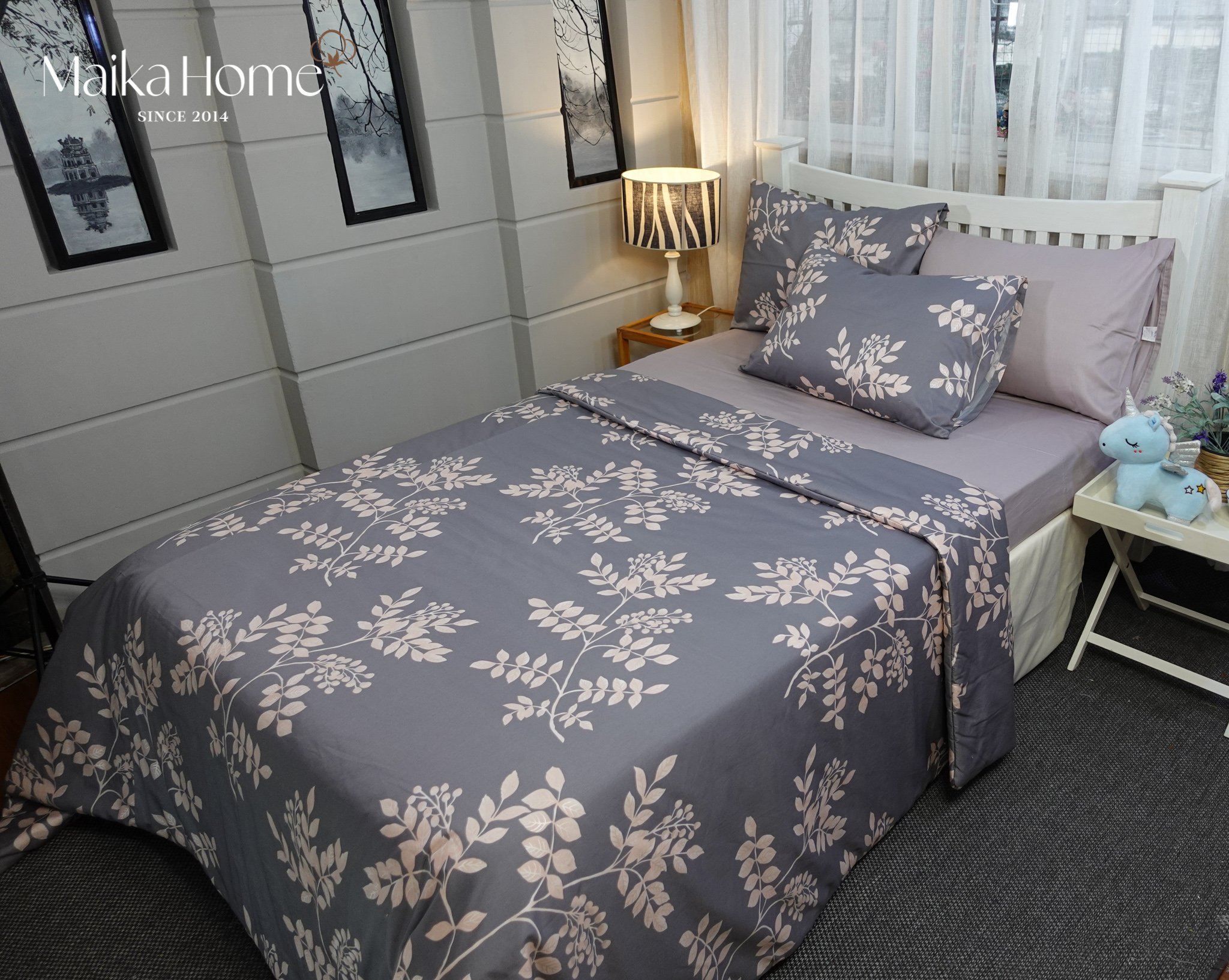 Bộ Drap 5 Món Cotton Satin HQ Hạt lưu xám phối ruốc