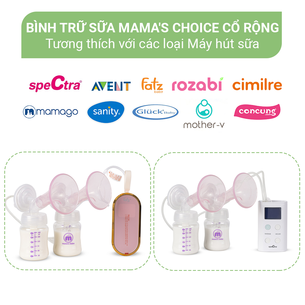 Bình Trữ Sữa Cổ Rộng Mama's Choice 180ml–240ml, Tương Thích Máy Hút Sữa Spectra, Avent, Fatz, Rozabi, Cimilre