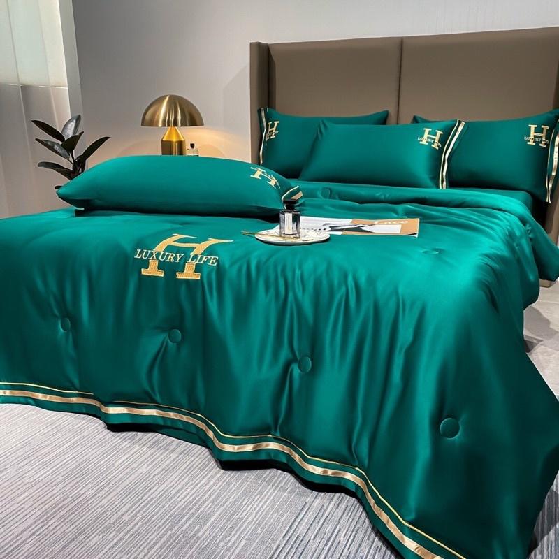 Bộ chăn Trần hè ga gối phi lụa thêu chữ H-LUXURY Life sang trọng,mềm mịn