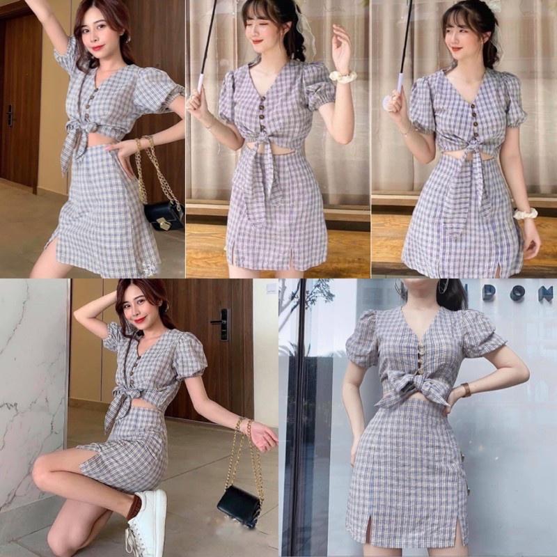 Set caro cột nơ cotton xốp lót lụa ôm body cổ V tay phồng đi biển dự tiệc dạo phố bigsize gợi cảm sexy