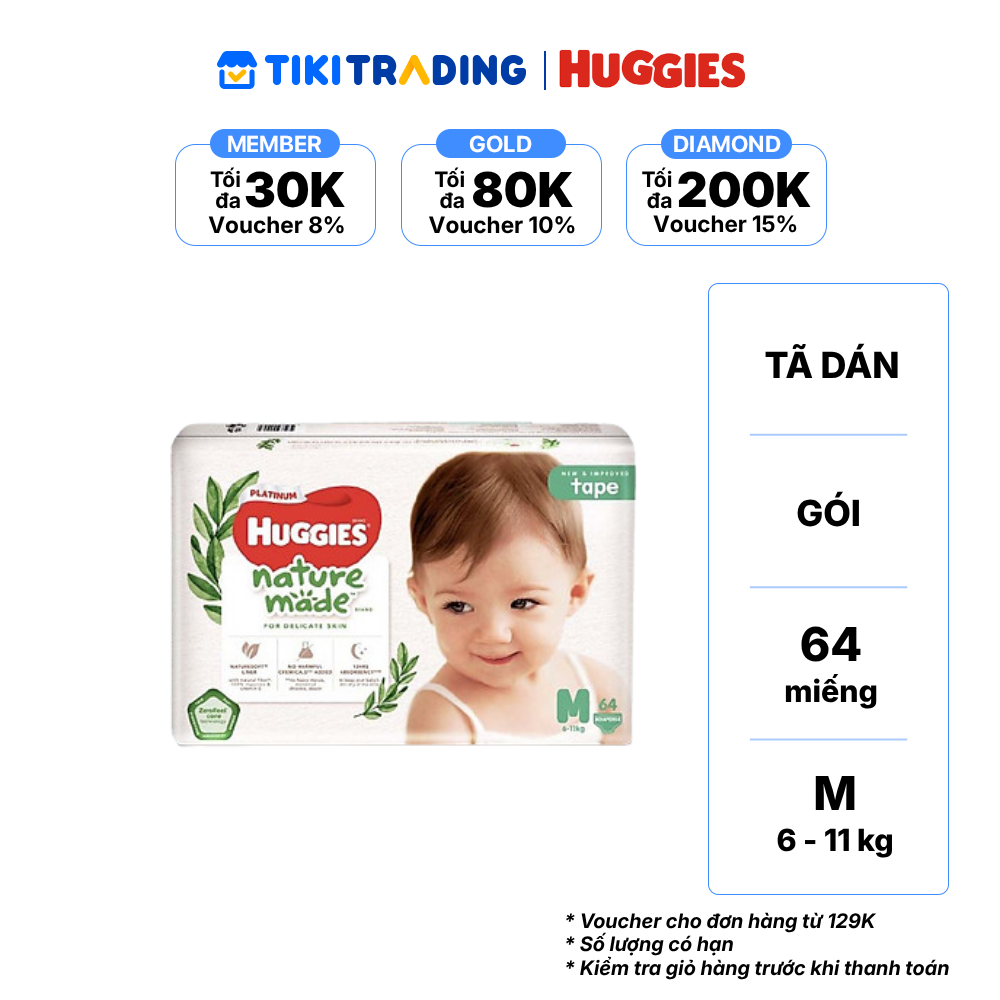 Tã Dán Siêu Cao Cấp Huggies Platinum Naturemade M64 64 Miếng